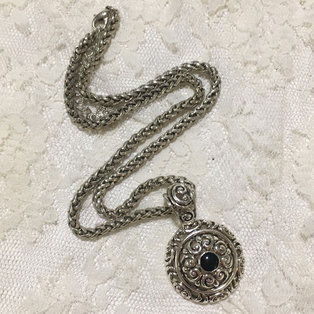 Vintage Premier Designs Medallion Pendant Necklace Nora Black Cabochon Scrolled - Picture 8 of 10